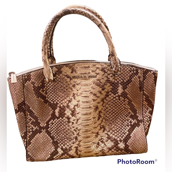 Michael Kors Handbags - MICHAEL KORS~Snake Skin Ellis Satchel, Cream/Tan, Gold hardware, Large